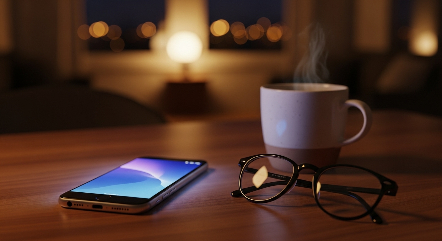 夜の室内で柔らかな照明に照らされたスマホとノートが置かれた静かなテーブルのイメージ